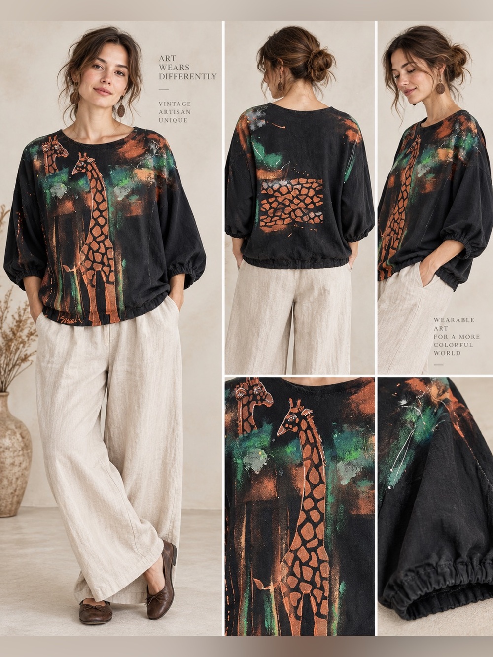 Alfredo’s Wife Giraffe Art to Wear Black Oversized Top S Lagenlook Boho